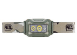 Headlamp with camouflage strap and Petzl logo on a white background
