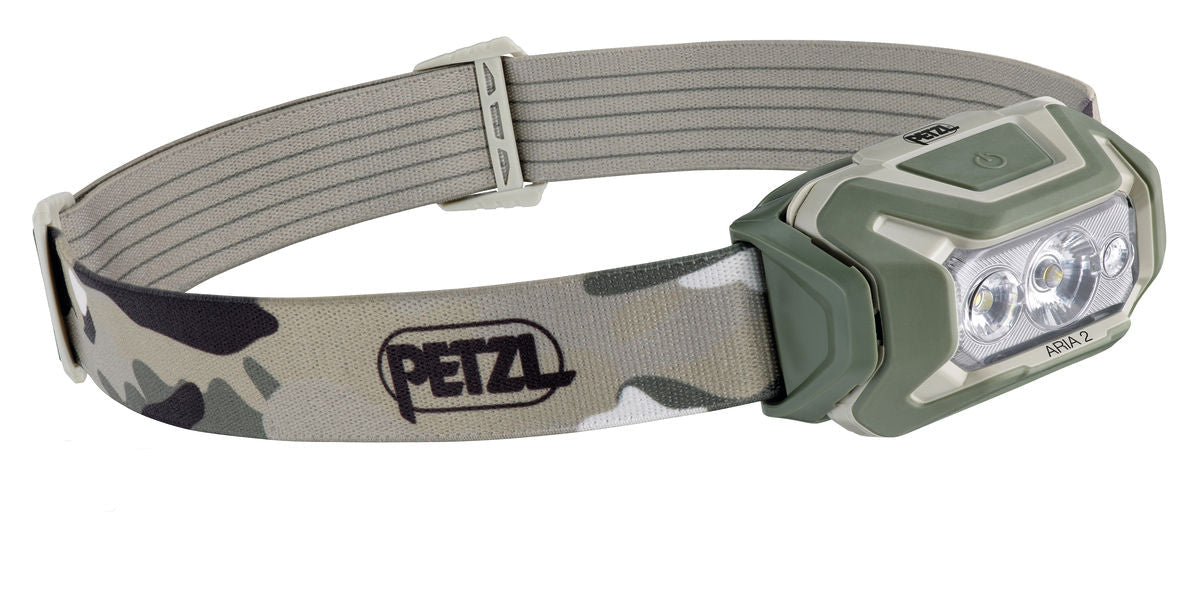 Camouflage headlamp with Petzl logo on a white background