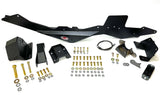 A photograph of a JD Fabrication rear spring under kit for 2005-2023 Toyota Tacoma, displaying various metal components and hardware for the kit.