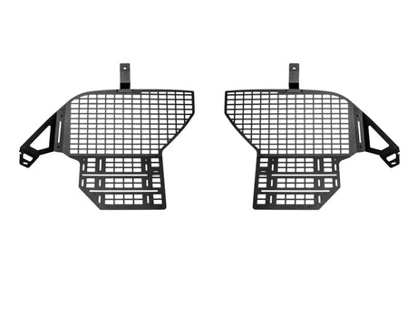 Two black metal grilles on a white background