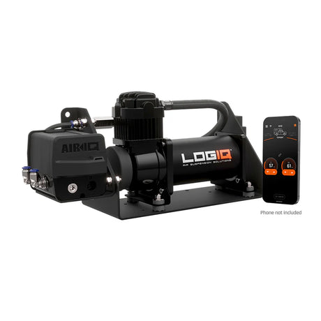 LogiQ air compressor system with remote control on a white background