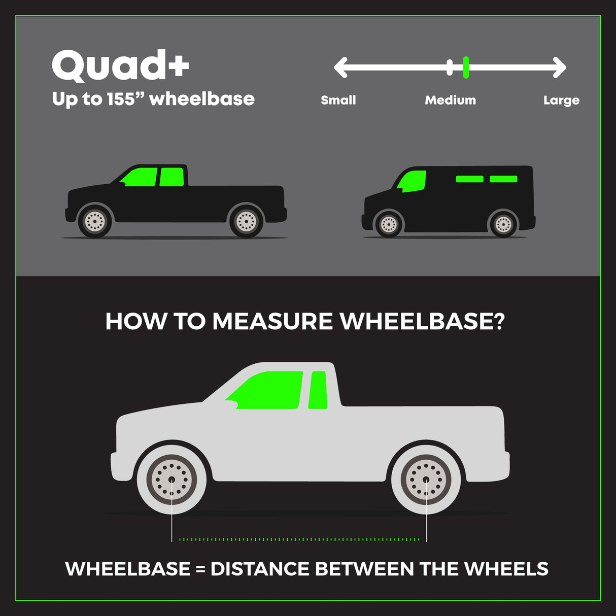 Infographic on measuring wheelbase with illustrations of a truck and van, and text explaining the measurement process.