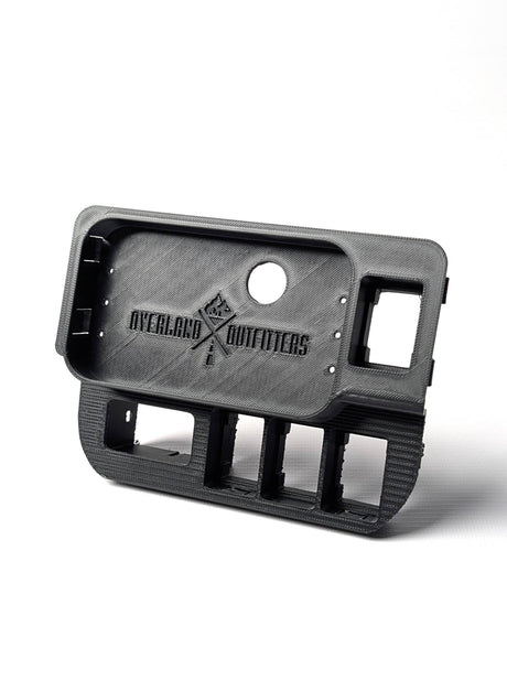 Angled side view of a black panel with 'Overland Outfitters' logo on a white background