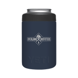 Navy blue can cooler with YETI logo on a transparent background