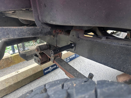 Close-up of a vehicle's undercarriage.