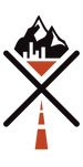Overland Outfitters Logo with mountains, cityscape, and road intersection on a transparent background