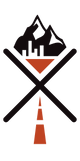 Overland Outfitters Logo with mountains, cityscape, and road intersection on a transparent background