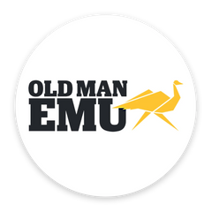 Logo of Old Man Emu with a yellow emu silhouette on a white background
