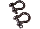 Two black metal shackle hooks on a white background