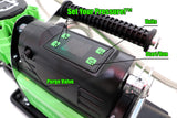 Green air compressor with labeled parts on a white background