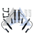 A set of automotive suspension components, including coilover shocks, control arms, springs, and brake lines, arranged on a white background with a faint blue and gray logo.