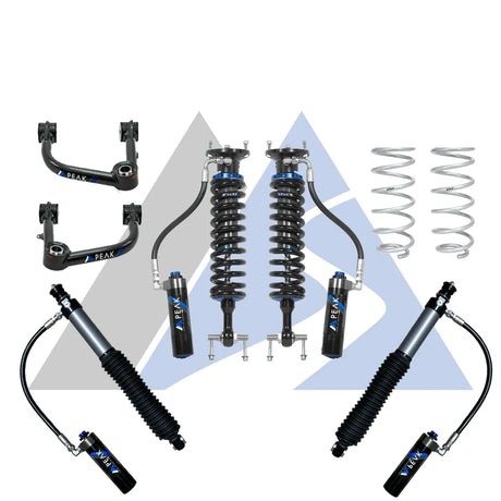 A set of automotive suspension components, including coilover shocks, control arms, springs, and brake lines, arranged on a white background with a faint blue and gray logo.