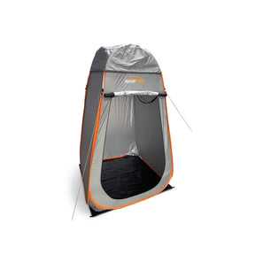 Portable shower tent with gray and orange design on a white background