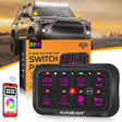 Auxbeam RGB switch panel with glowing purple switches in front of a black 4Runner