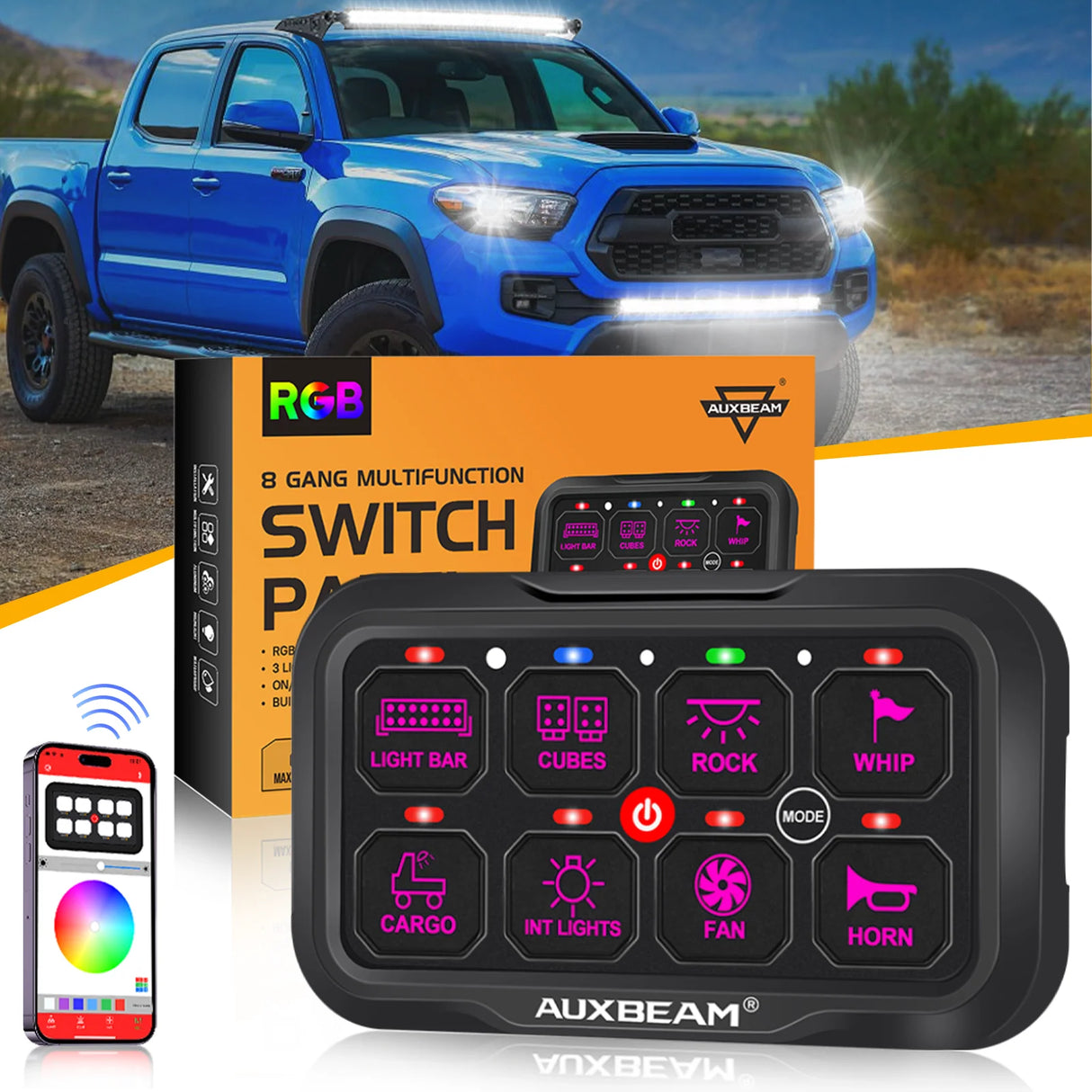 Auxbeam switch panel in front of blue Tacoma with Lights on