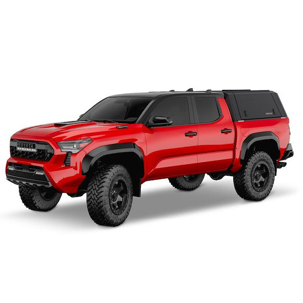 Angled side view of red truck with RSI smart cap on the bed. 