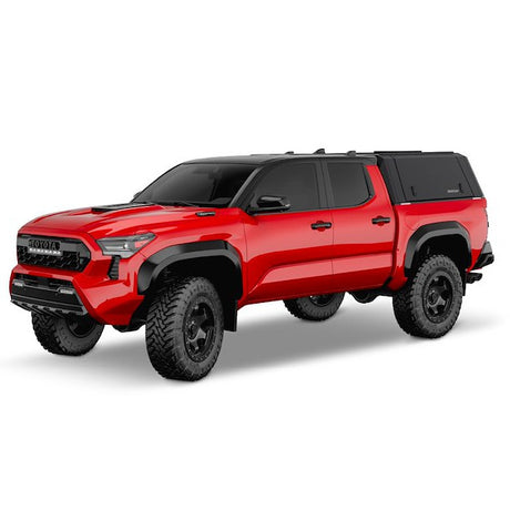 Angled side view of red truck with RSI smart cap on the bed. 