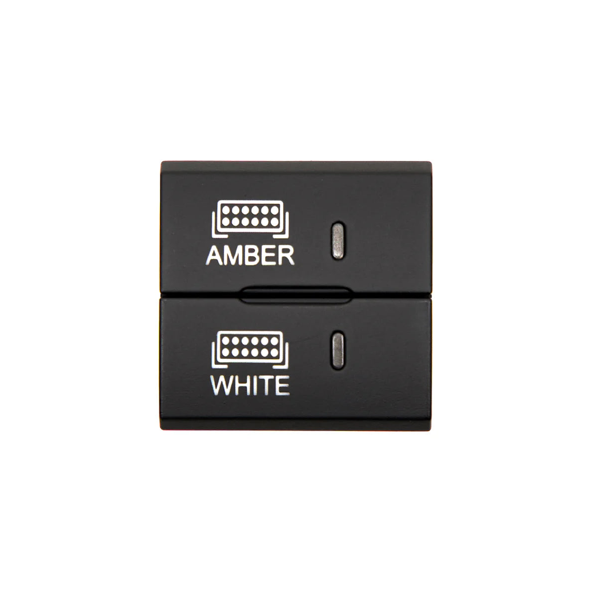 Black electronic switch with 'Amber' and 'White' labels on a white background