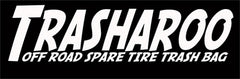 Trasharoo off-road spare tire trash bag logo with white text on a black background