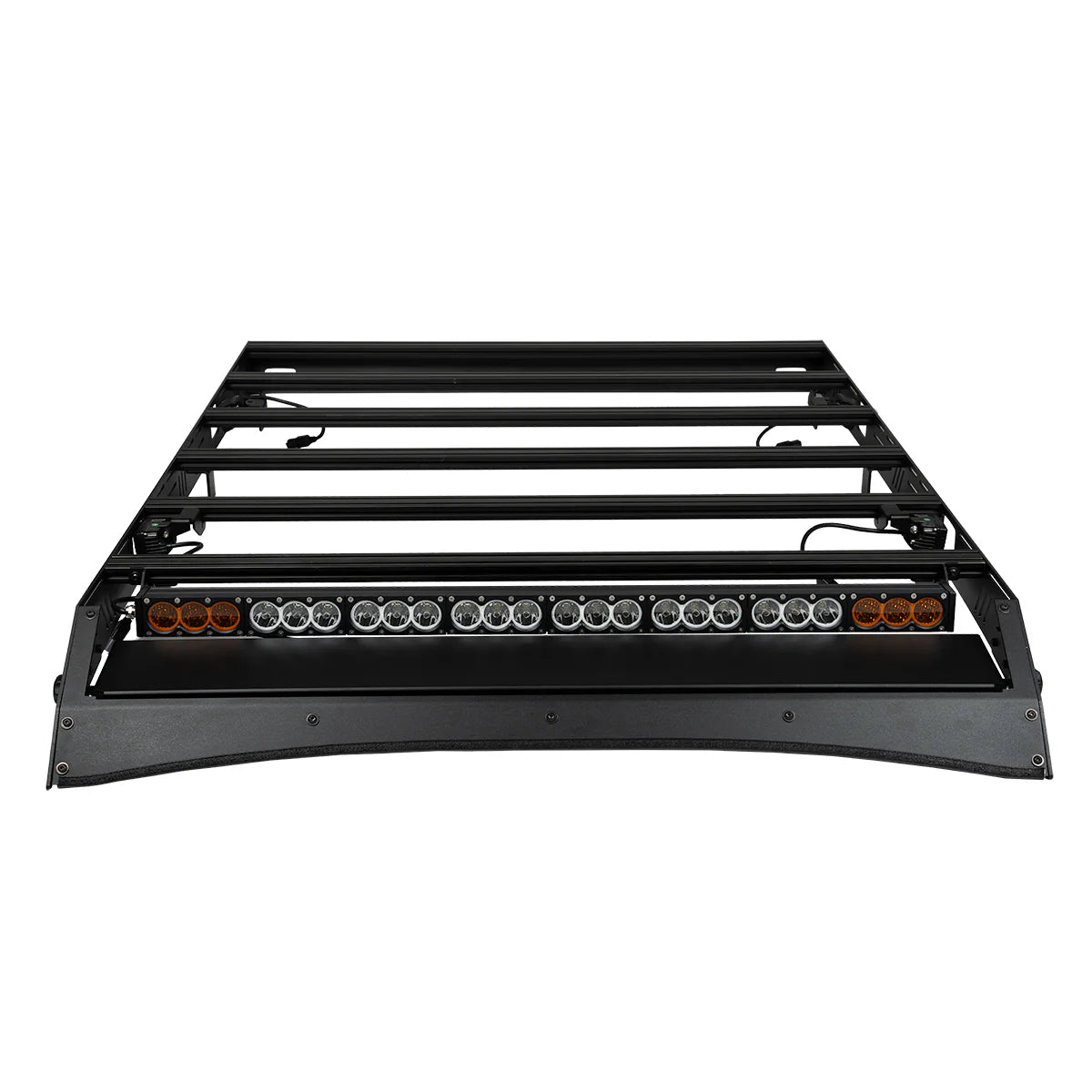 Black metal roof rack with LED lights on a white background