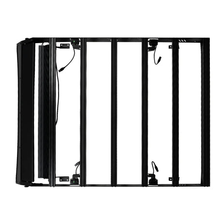 Black metal frame with glass panels on a white background