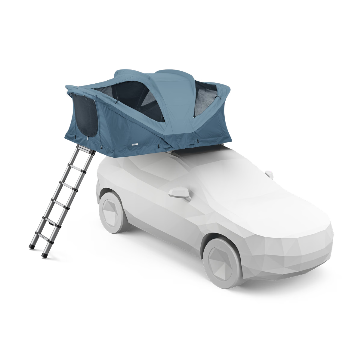 A blue rooftop tent mounted on top of a white car, with a black ladder extending from the side, shown on a clean white background.