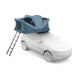 A blue rooftop tent mounted on top of a white car, with a black ladder extending from the side, shown on a clean white background.