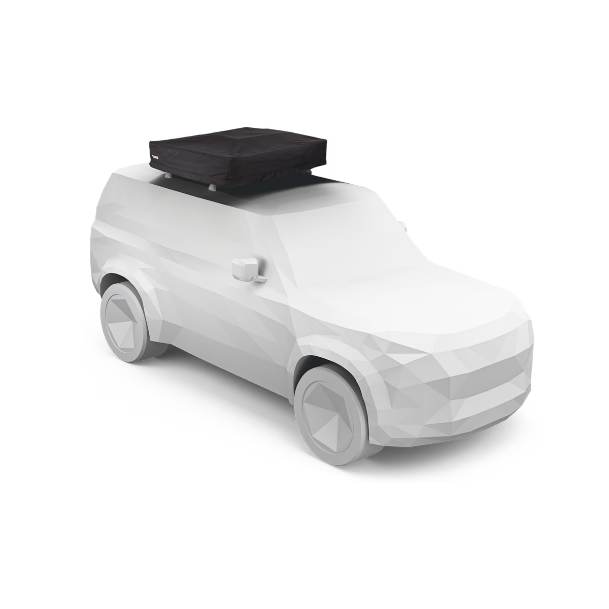 White suv render with black covered rooftop tent on a white background