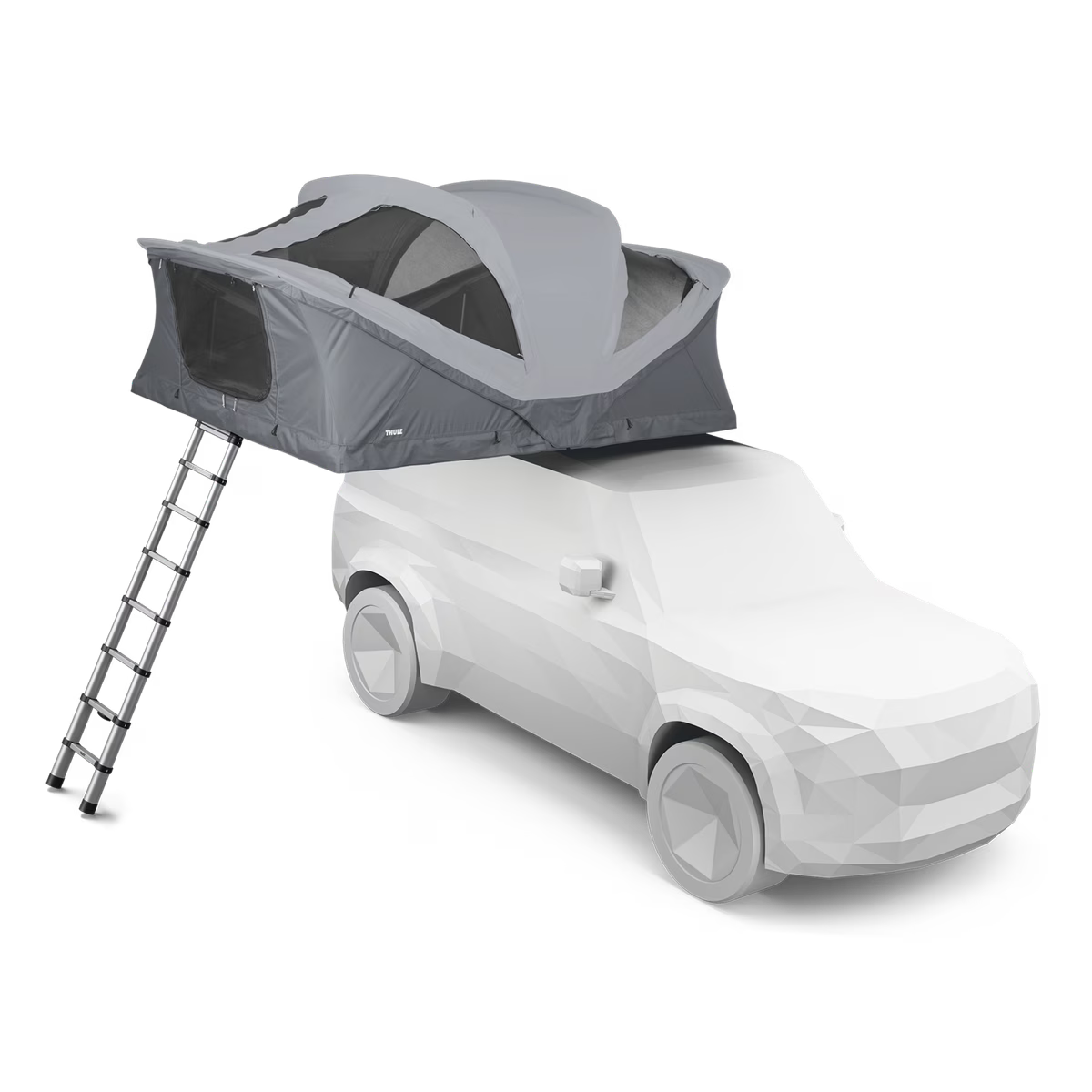 Car with a rooftop tent and ladder on a transparent background
