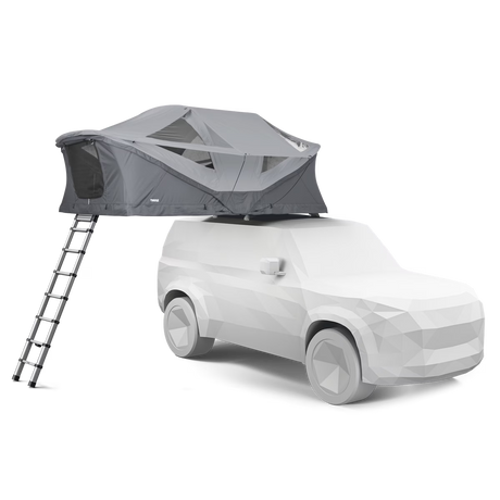 Roof top tent attached to a car with a ladder on a transparent background