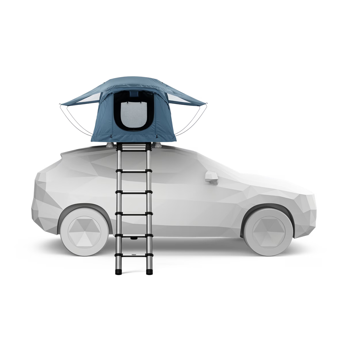 Car with a rooftop tent and ladder on a white background