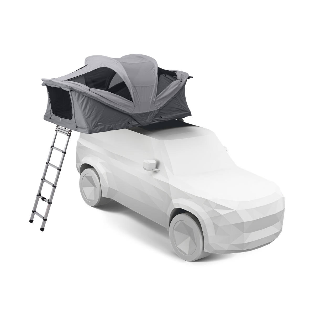 Car with a rooftop tent and ladder on a transparent background