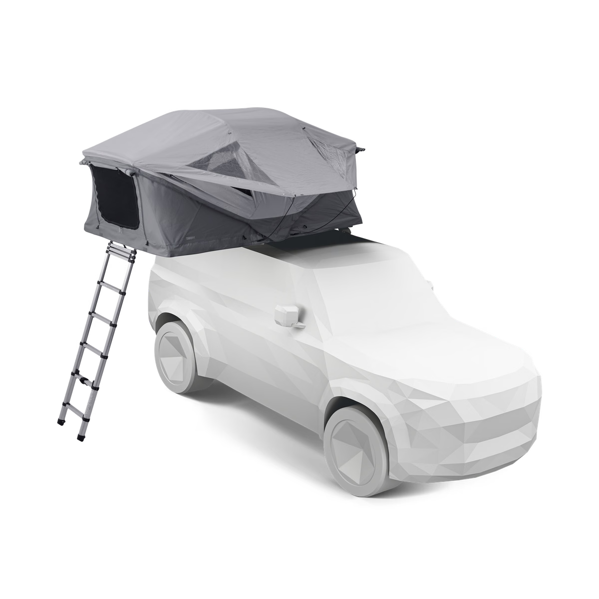 Car with a rooftop tent and ladder on a transparent background