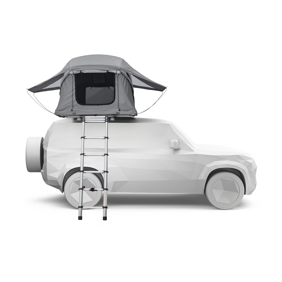 Car with a rooftop tent and ladder on a transparent background