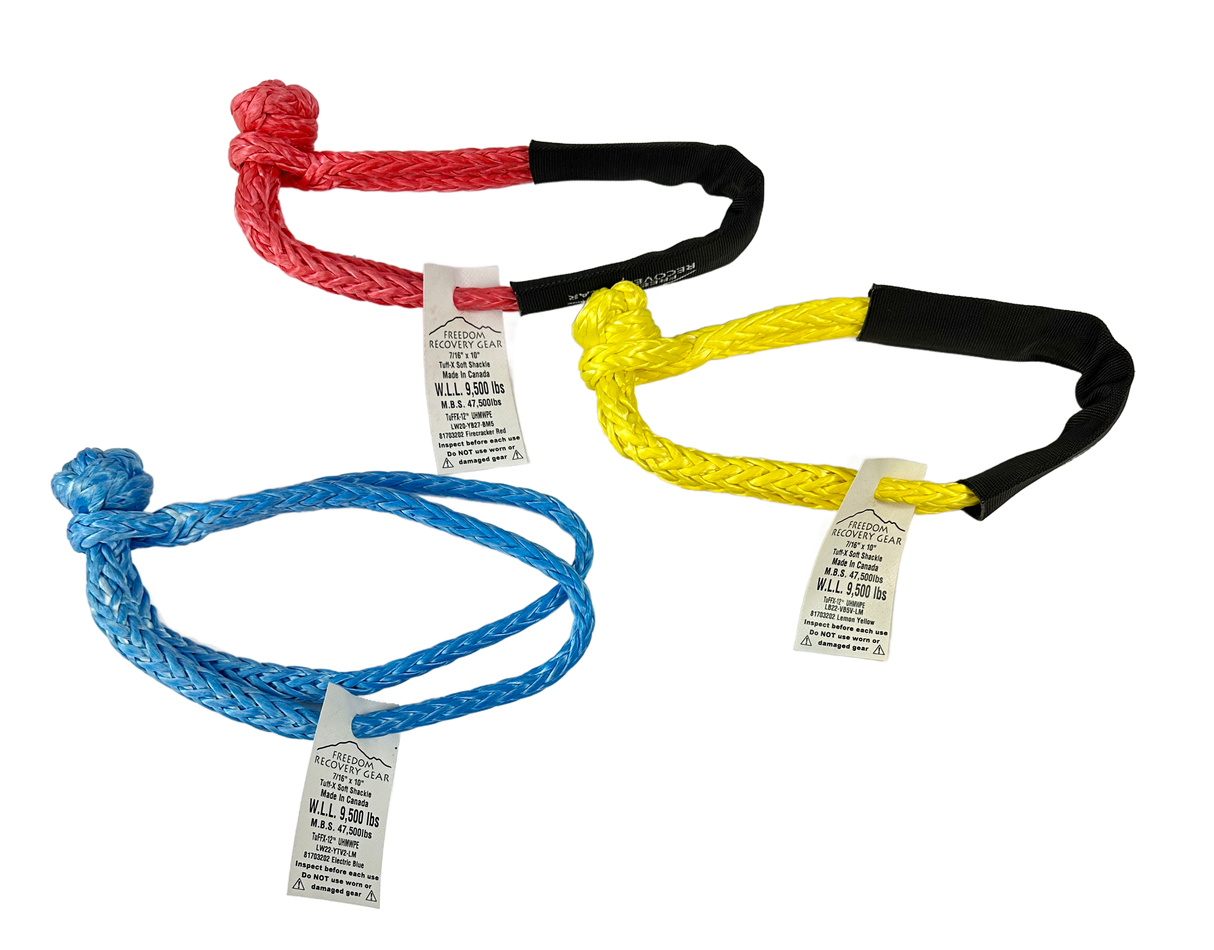 Set of three soft rope shackles in red, blue, and yellow with tags on a white background
