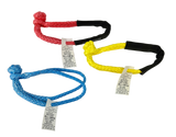 Set of three soft rope shackles in red, blue, and yellow with tags on a white background