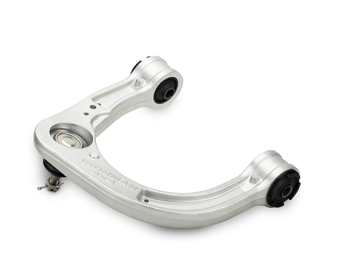 Metal vehicle suspension control arm on a white background