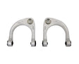 Two metallic control arms on a white background