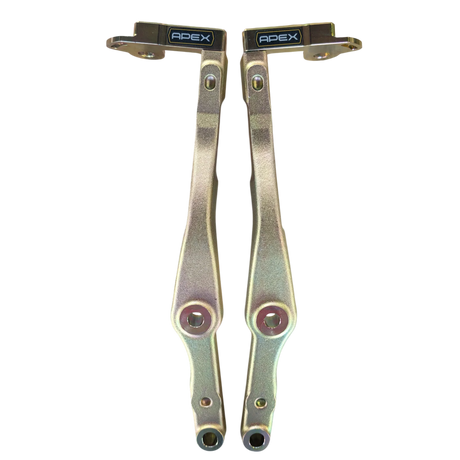 Two metallic suspension links with 'APEX' branding on a white background