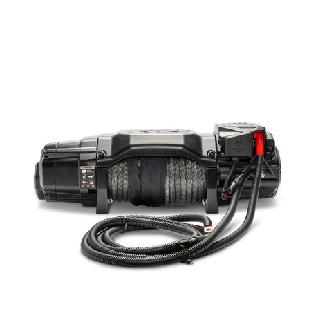 Black winch with cable on a white background