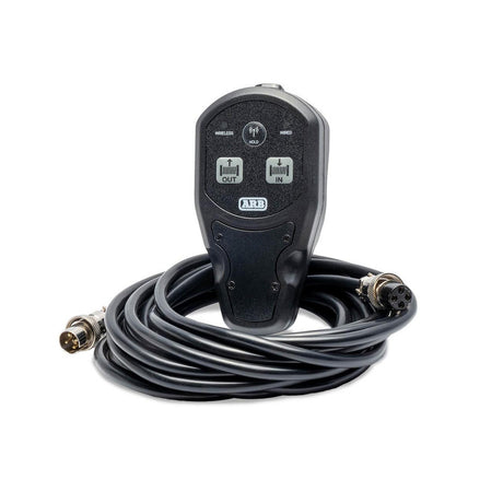 Black winch remote control device with cable on a white background
