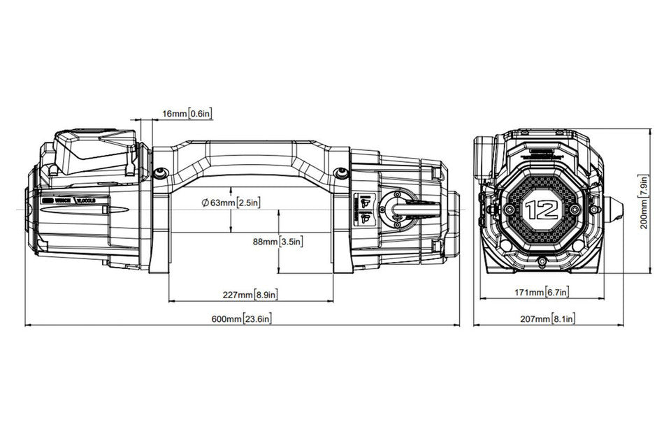 Technical drawing of the 12K winch with dimensions labeled