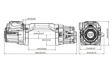 Technical drawing of the 12K winch with dimensions labeled