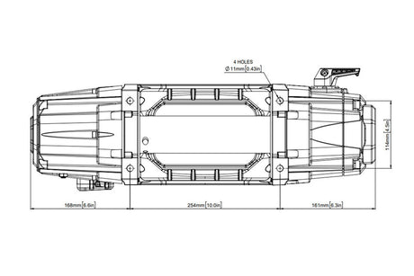 Technical drawing of the winch with dimensions