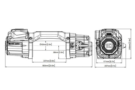 Technical drawing of the 10K winch with dimensions