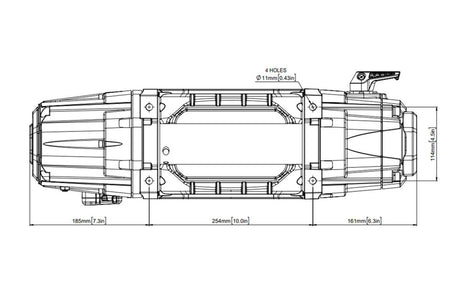 Technical drawing of the front of the winch with dimensions on a white background