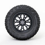 Black tire with a detailed tread pattern on a white background