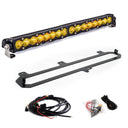 LED light bar with mounting bracket and wiring harness on a white background