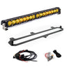 LED light bar with mounting bracket and wiring harness on a white background
