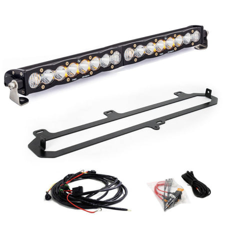 Car LED light bar with mounting bracket and wiring harness on a white background